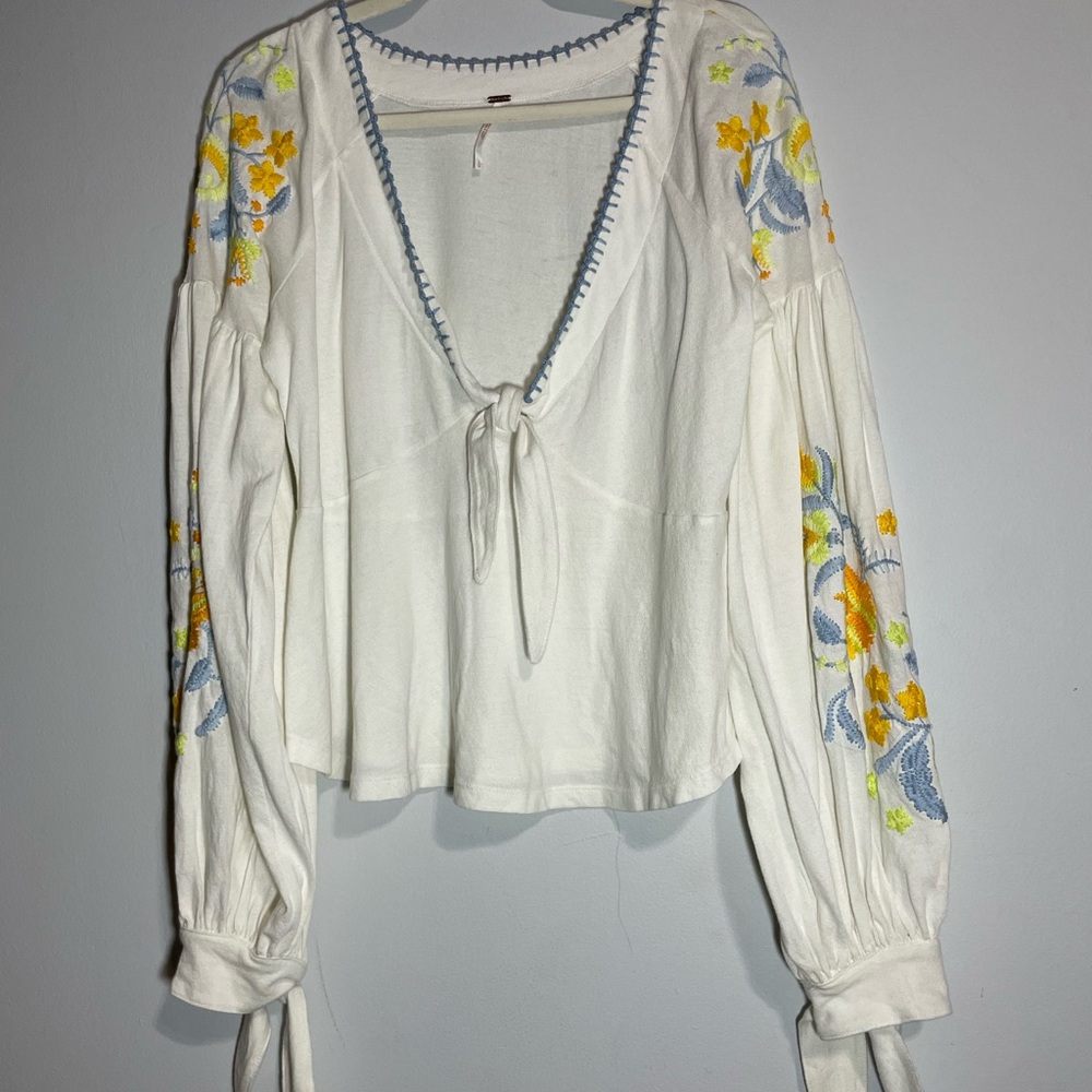 Free People Kara peasant, White Blouse with Blue and Yellow Embroidery
